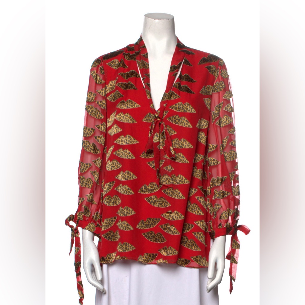 Alice & Olivia Red Blouse With Leopard Lip/Kiss Print